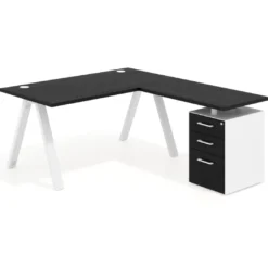 Mesa de escritorio en L con cajones UvePro, estructura blanca, ala pedestal melamina