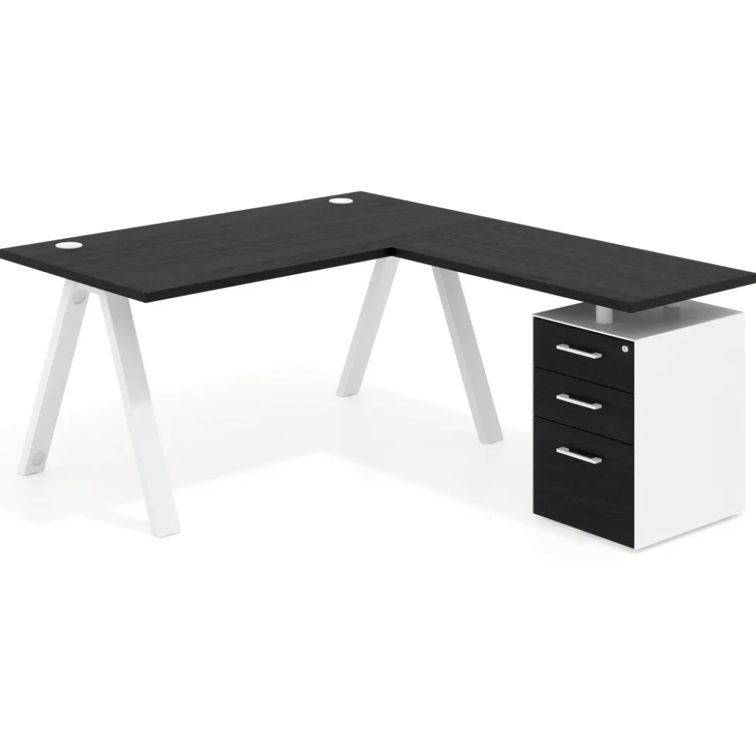 Mesa de escritorio en L con cajones UvePro, estructura blanca, ala pedestal melamina
