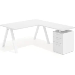 Mesa de escritorio en L con cajones UvePro, estructura blanca, ala pedestal melamina