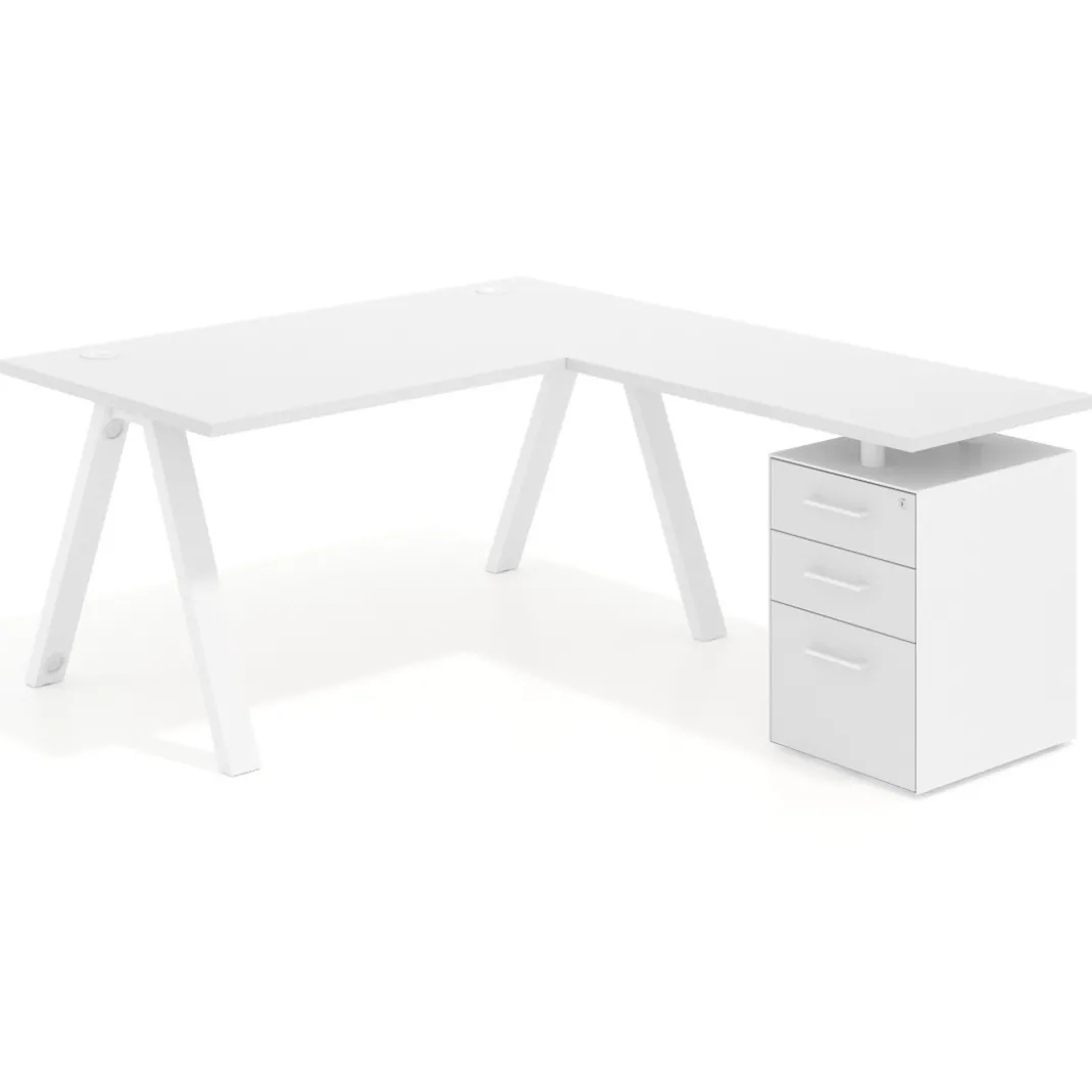Mesa de escritorio en L con cajones UvePro, estructura blanca, ala pedestal melamina