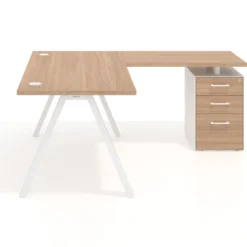 Mesa de escritorio en L con cajones UvePro, estructura blanca, ala pedestal melamina