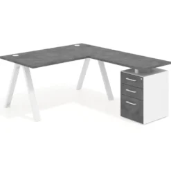 Mesa de escritorio en L con cajones UvePro, estructura blanca, ala pedestal melamina
