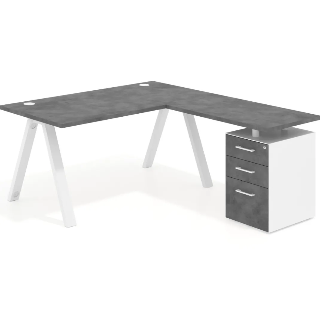 Mesa de escritorio en L con cajones UvePro, estructura blanca, ala pedestal melamina