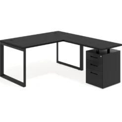 Mesa de escritorio en L con cajones Delta, estructura negra, ala pedestal metal