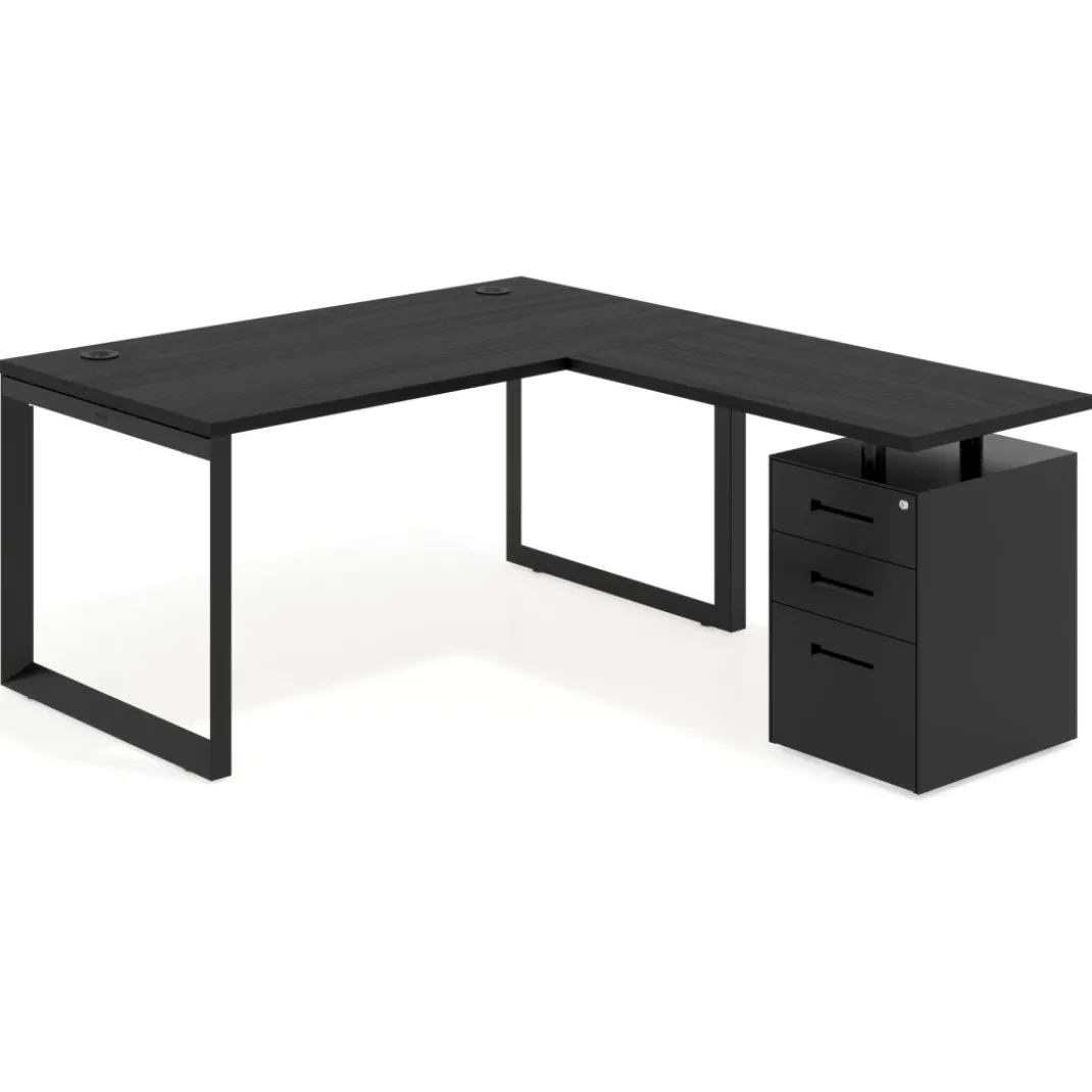 Mesa de escritorio en L con cajones Delta, estructura negra, ala pedestal metal