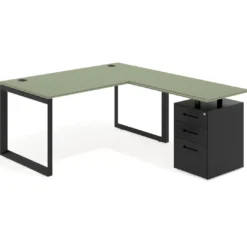 Mesa de escritorio en L con cajones Delta, estructura negra, ala pedestal metal