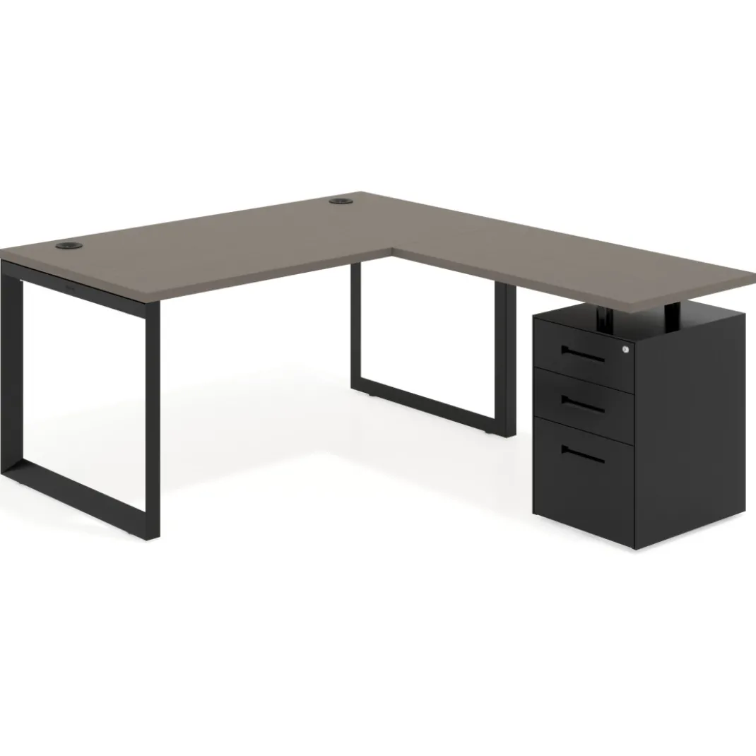 Mesa de escritorio en L con cajones Delta, estructura negra, ala pedestal metal