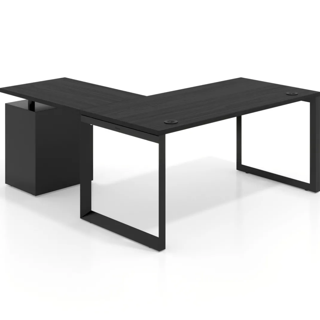 Mesa de escritorio en L con cajones Delta, estructura negra, ala pedestal metal