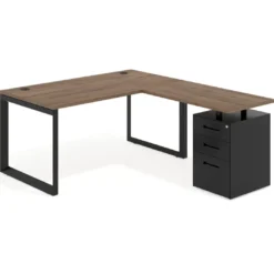Mesa de escritorio en L con cajones Delta, estructura negra, ala pedestal metal