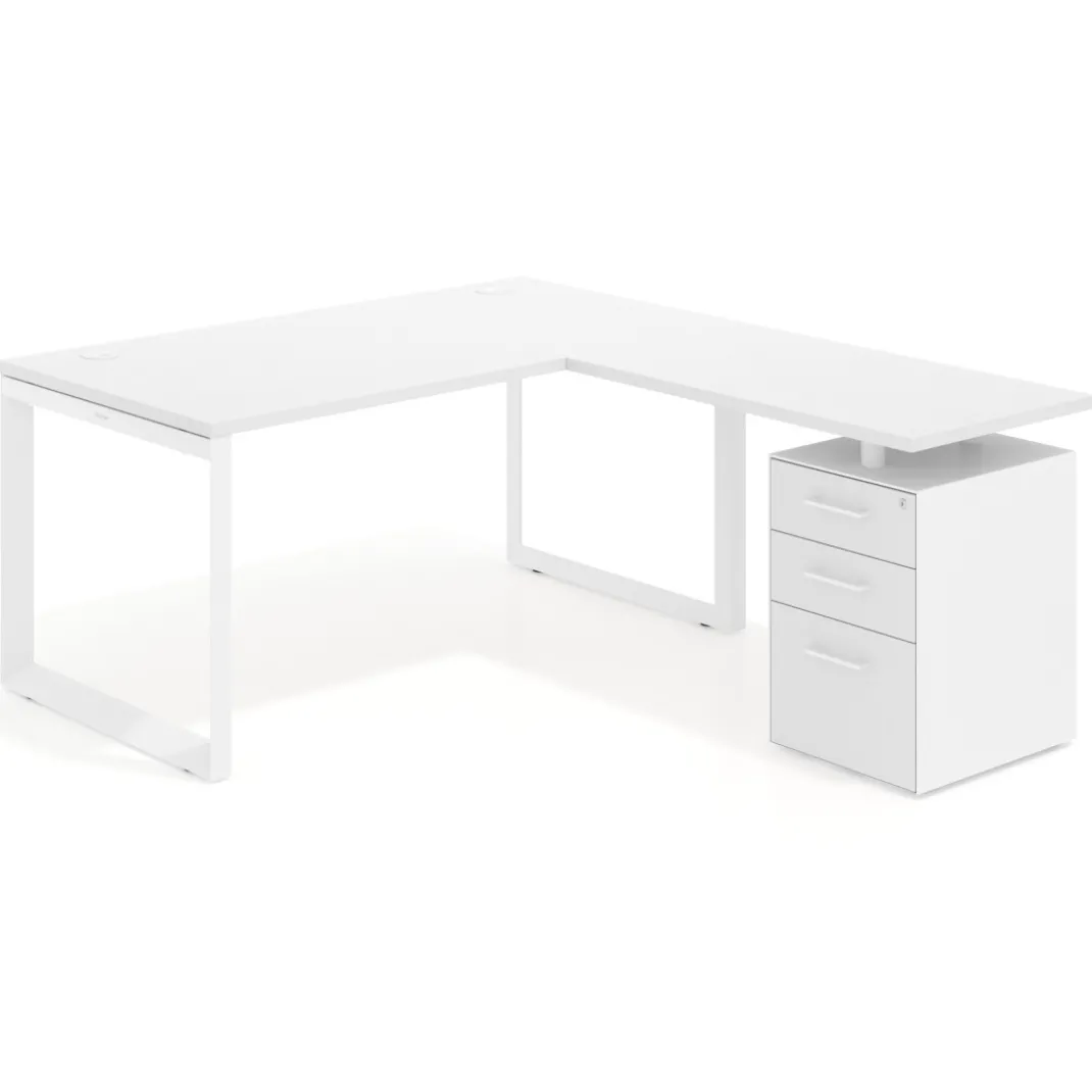 Mesa de escritorio en L con cajones Delta, estructura blanca, ala pedestal melamina