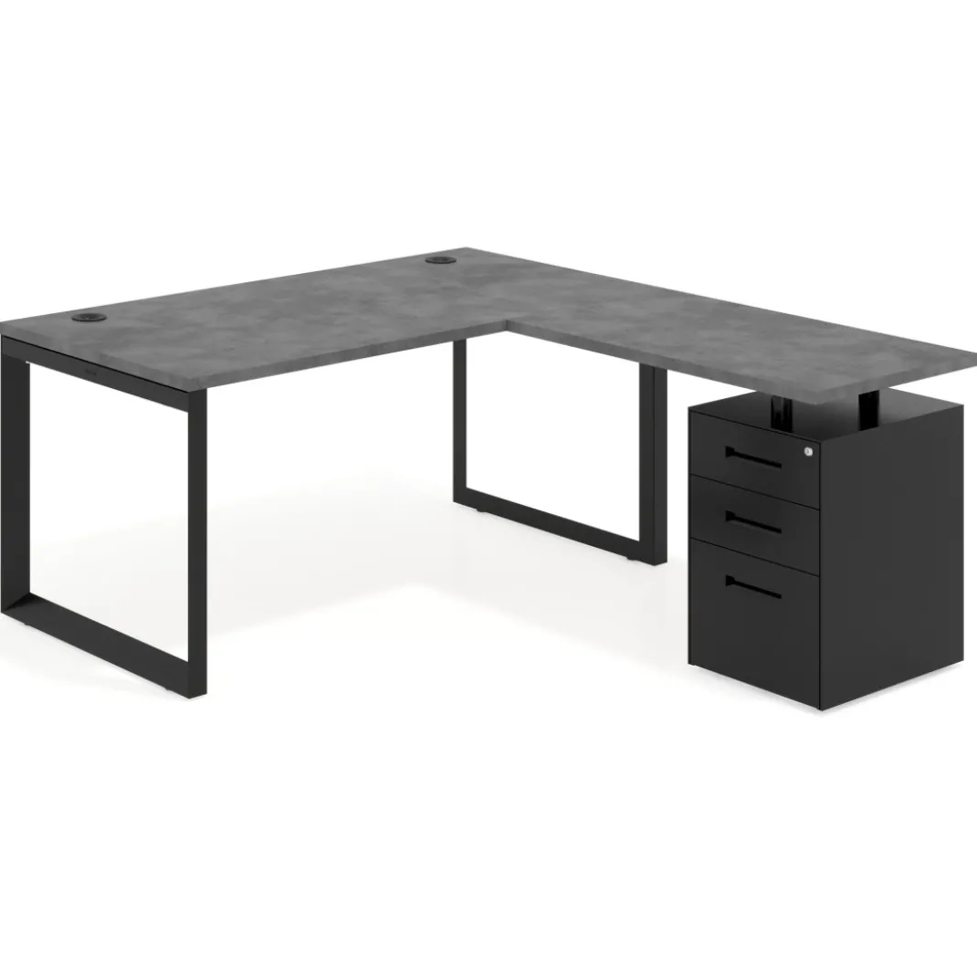 Mesa de escritorio en L con cajones Delta, estructura negra, ala pedestal metal