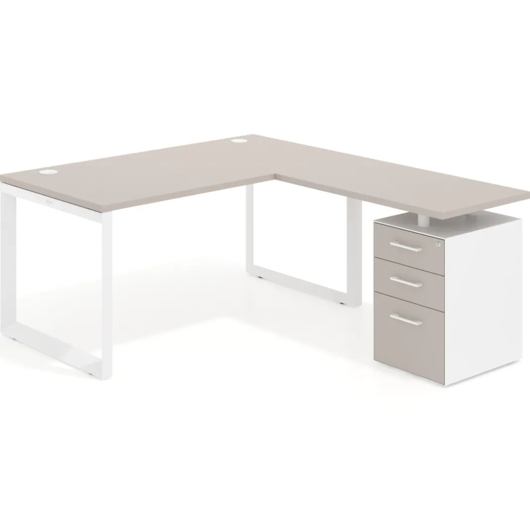 Mesa de escritorio en L con cajones Delta, estructura blanca, ala pedestal melamina