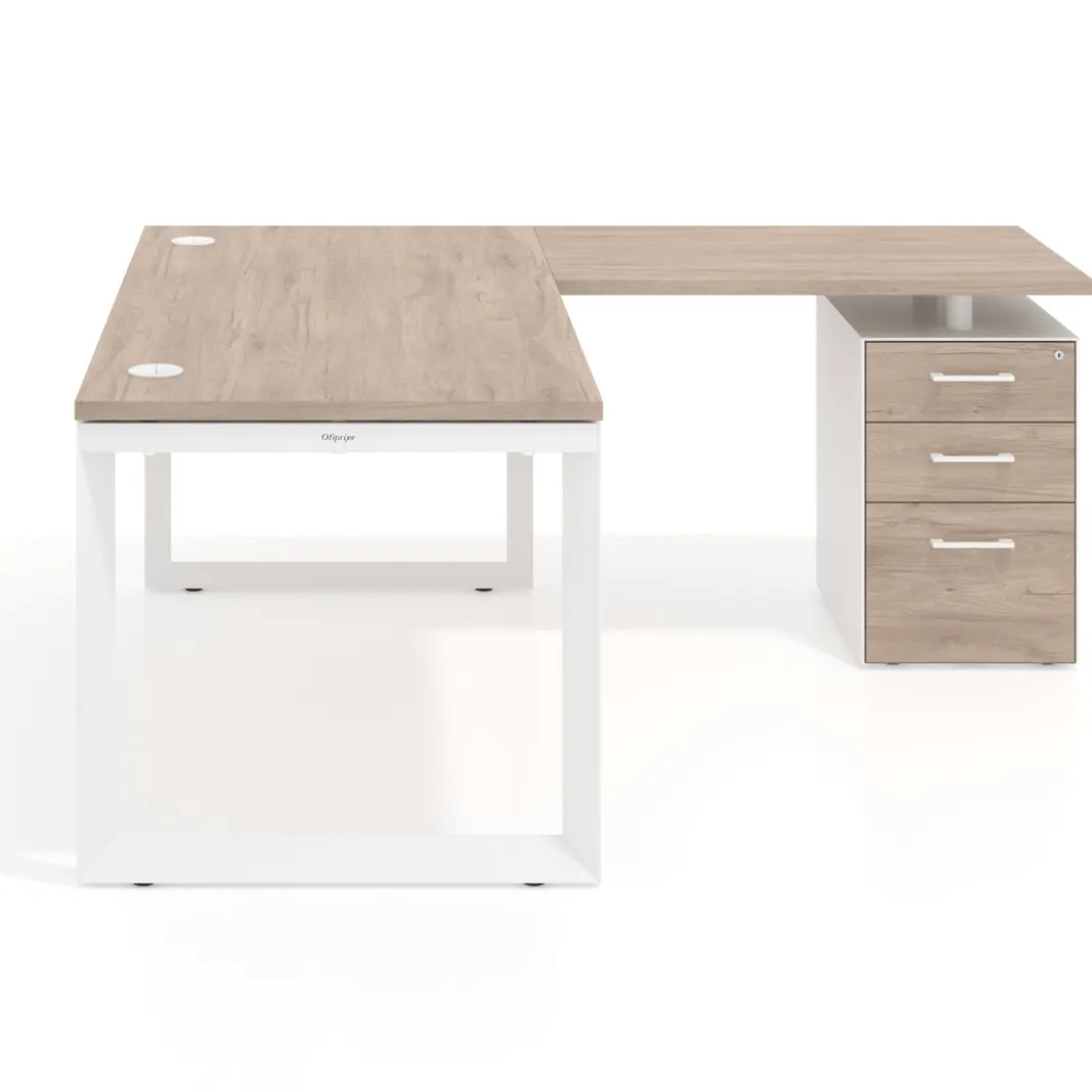 Mesa de escritorio en L con cajones Delta, estructura blanca, ala pedestal melamina
