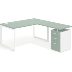 Mesa de escritorio en L con cajones Delta, estructura blanca, ala pedestal melamina