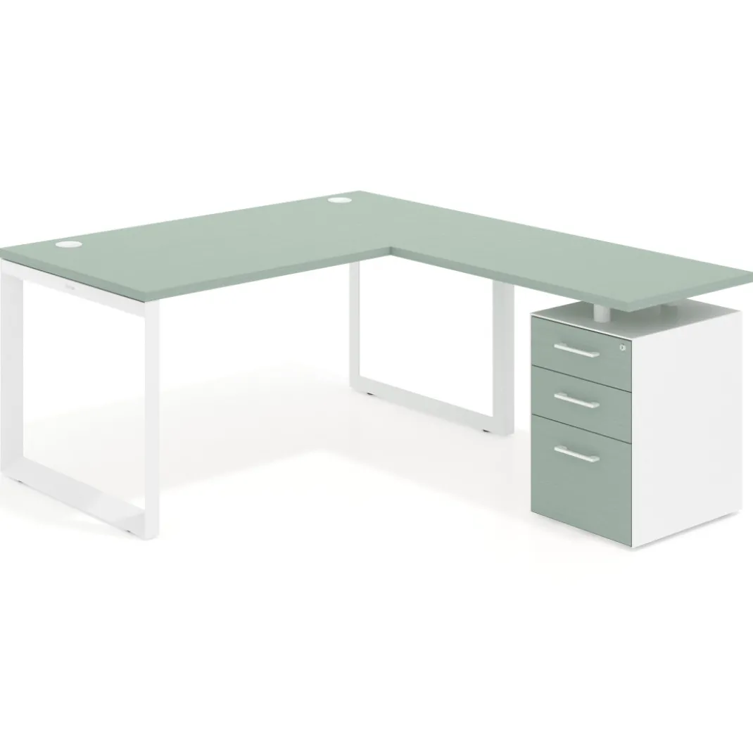 Mesa de escritorio en L con cajones Delta, estructura blanca, ala pedestal melamina
