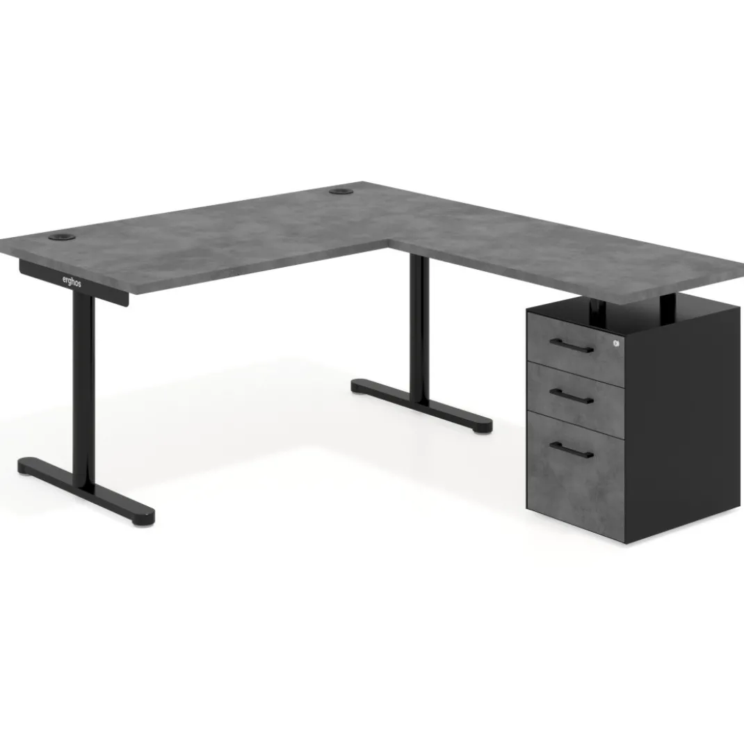 Mesa de Escritorio en L Tdesk, fondo 80cm, estructura negra, pedestal melamina