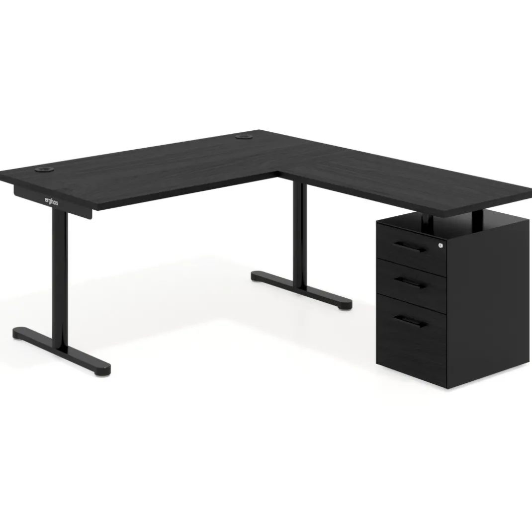 Mesa de Escritorio en L Tdesk, fondo 80cm, estructura negra, pedestal melamina