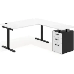 Mesa de Escritorio en L Tdesk, fondo 80cm, estructura negra, pedestal melamina