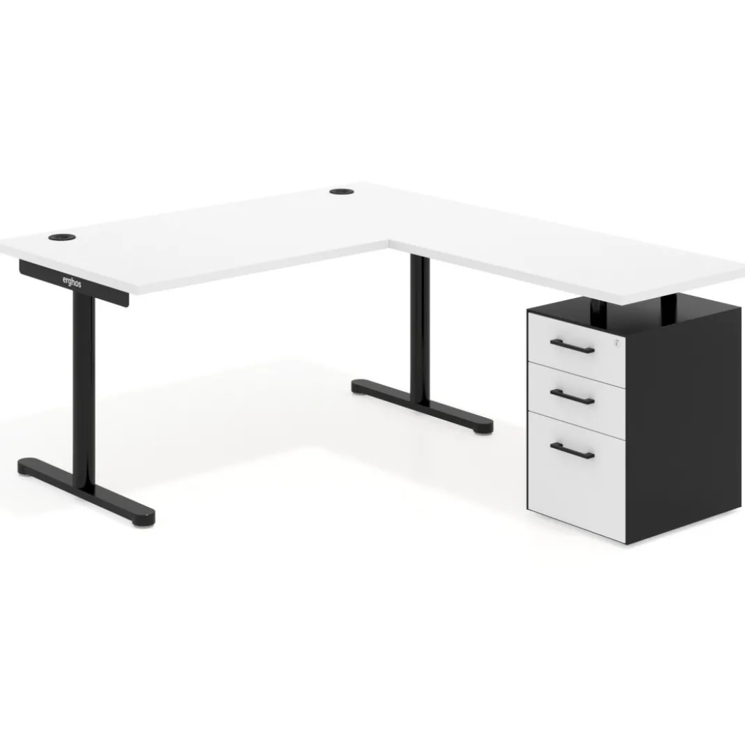 Mesa de Escritorio en L Tdesk, fondo 80cm, estructura negra, pedestal melamina