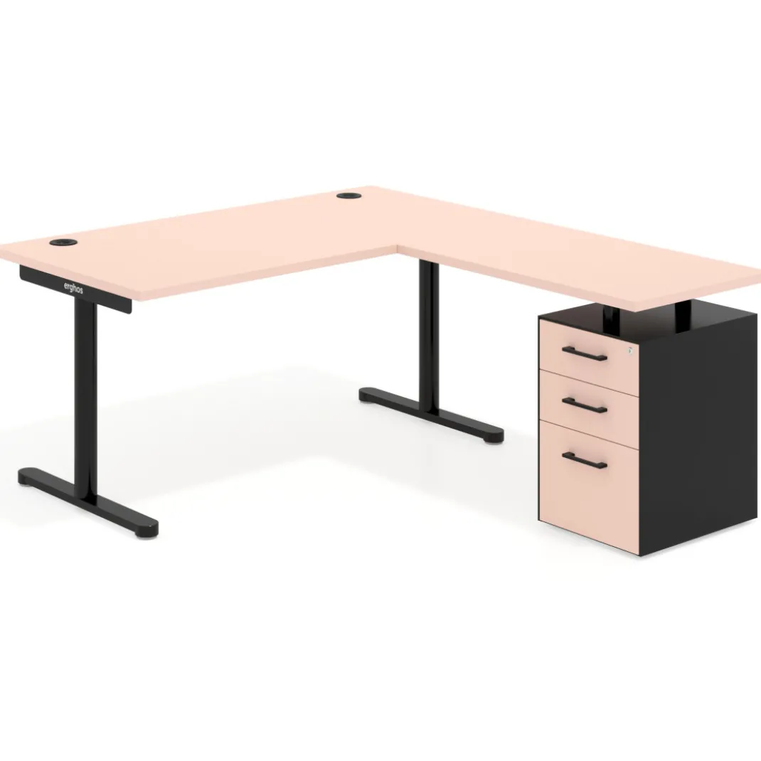Mesa de Escritorio en L Tdesk, fondo 80cm, estructura negra, pedestal melamina