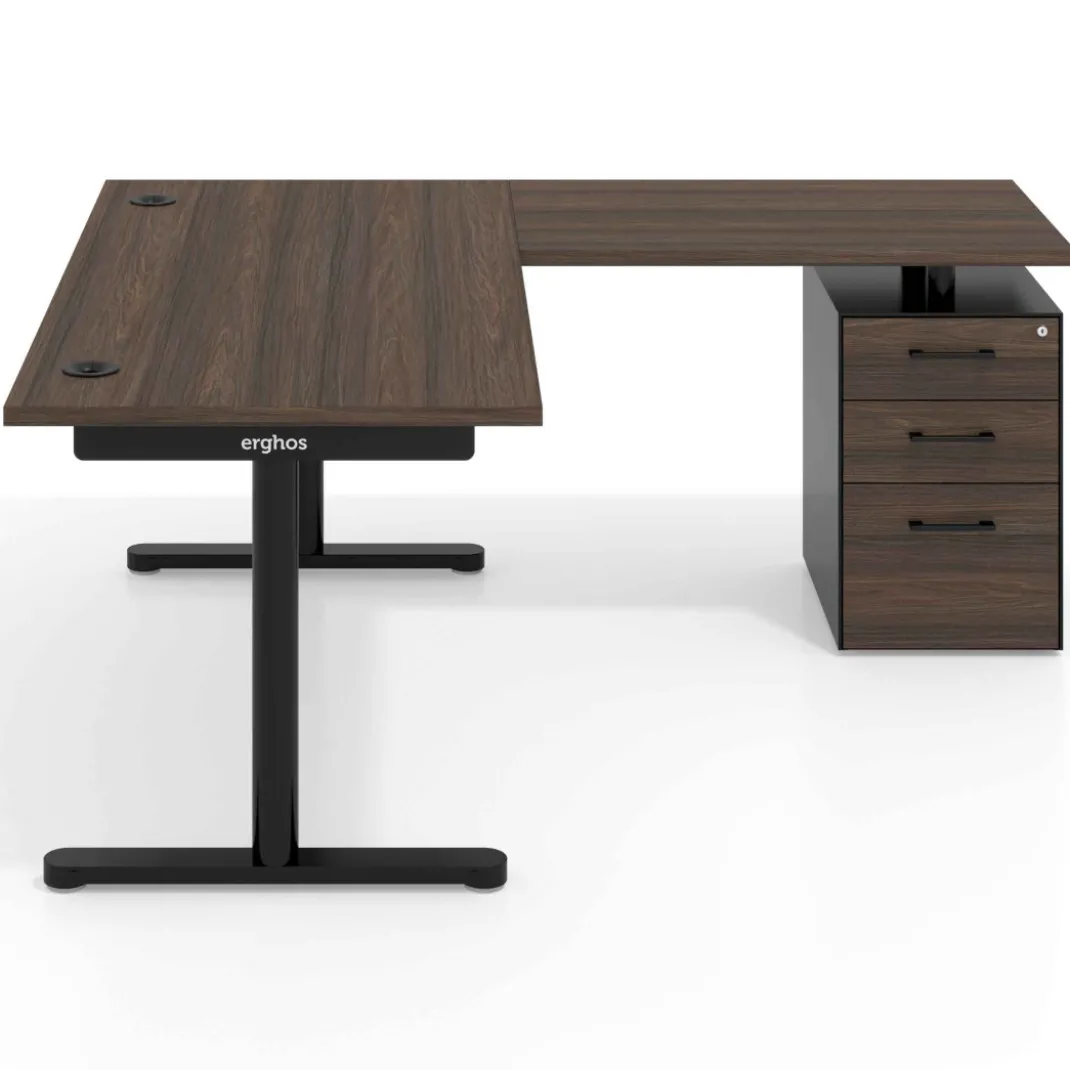 Mesa de Escritorio en L Tdesk, fondo 80cm, estructura negra, pedestal melamina