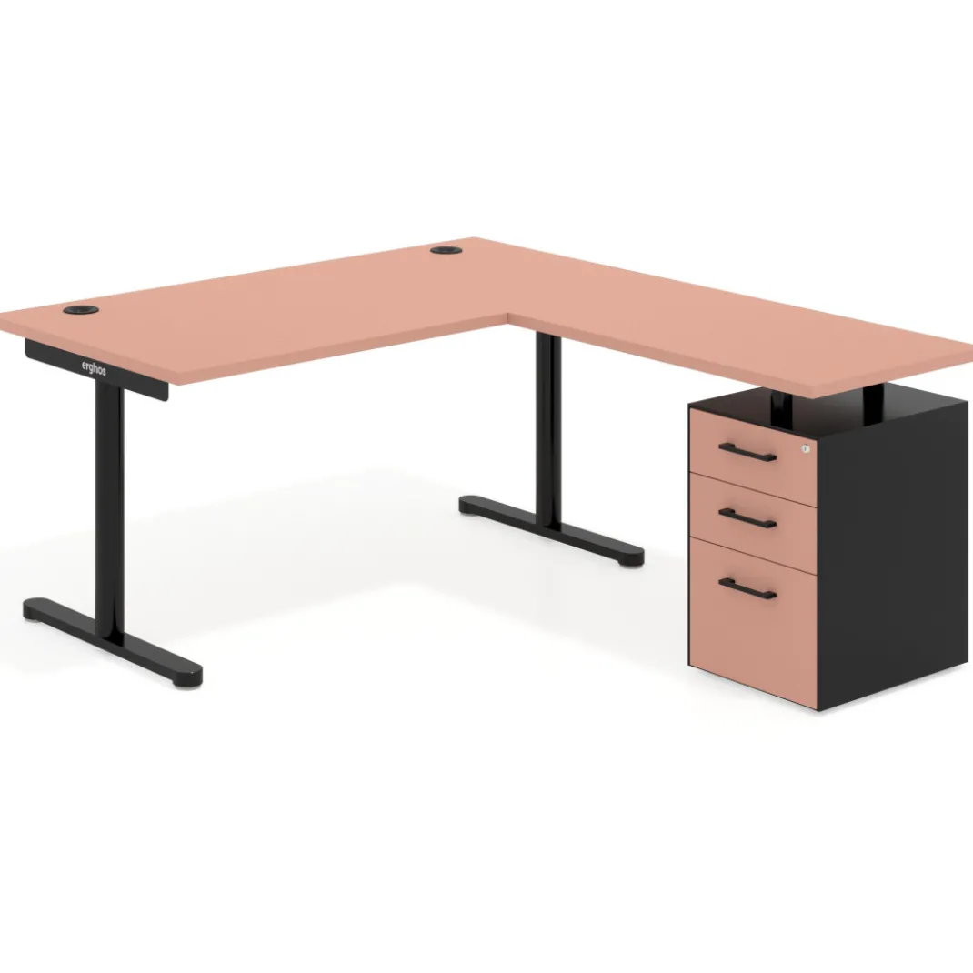 Mesa de Escritorio en L Tdesk, fondo 80cm, estructura negra, pedestal melamina