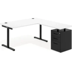 Mesa de Escritorio en L Tdesk, fondo 80cm, estructura negra, pedestal metal