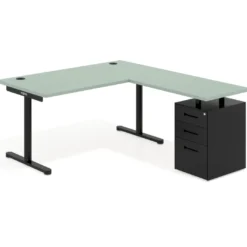 Mesa de Escritorio en L Tdesk, fondo 80cm, estructura negra, pedestal metal