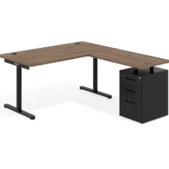 Mesa de Escritorio en L Tdesk, fondo 80cm, estructura negra, pedestal metal