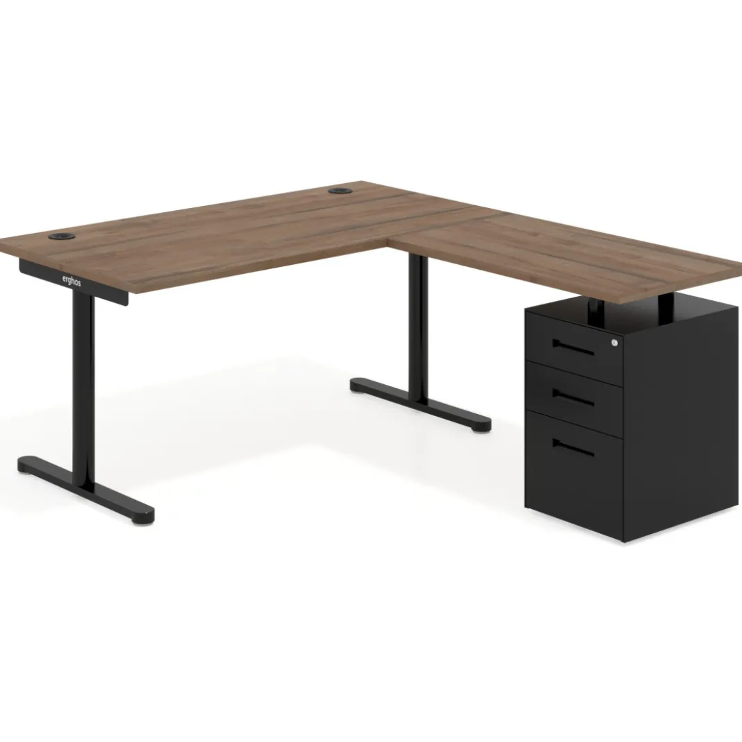 Mesa de Escritorio en L Tdesk, fondo 80cm, estructura negra, pedestal metal
