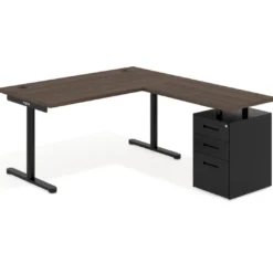 Mesa de Escritorio en L Tdesk, fondo 80cm, estructura negra, pedestal metal