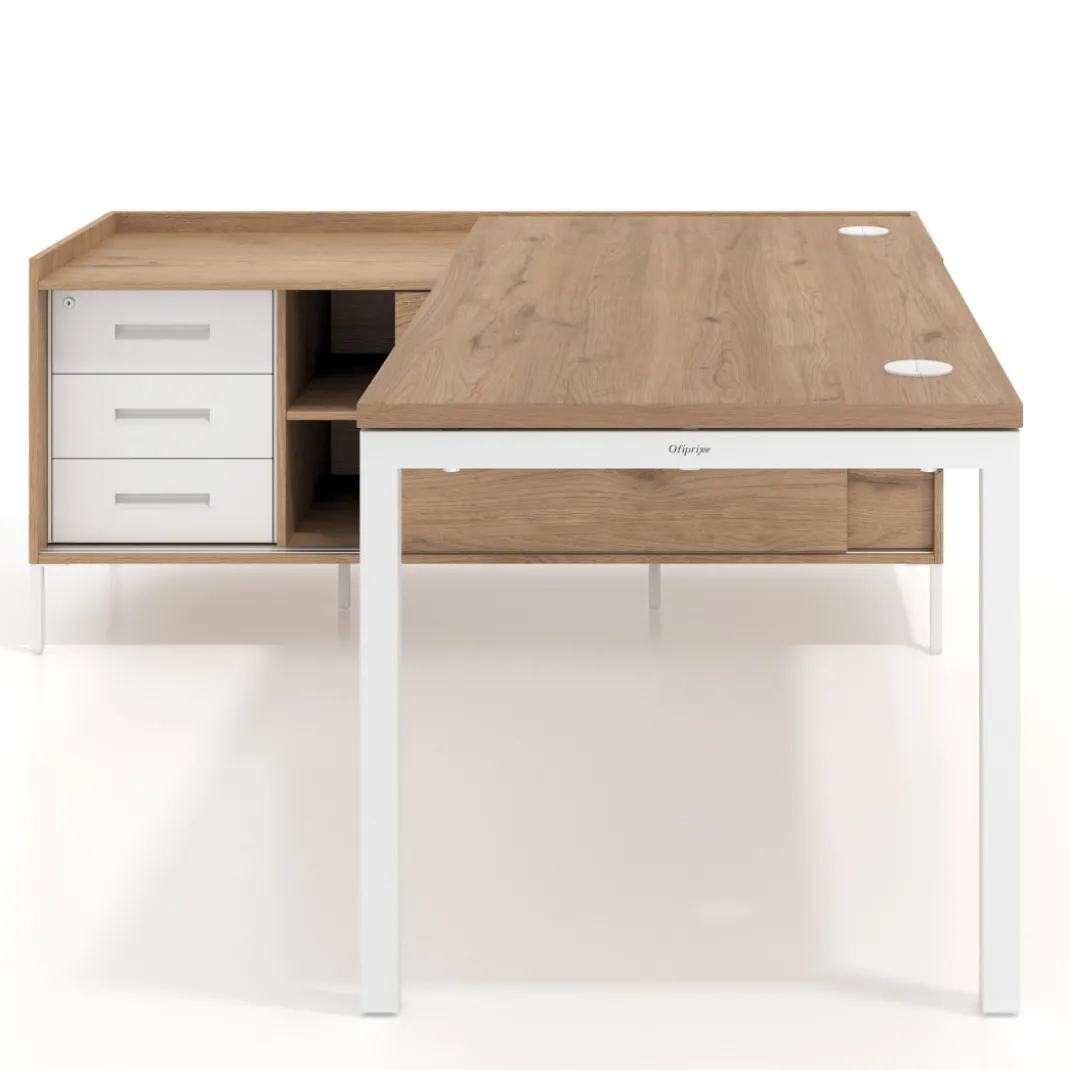 Mesa de oficina con pedestal cajonera Kube fondo 80cm estructura blanca