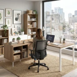 Mesa de oficina con pedestal estantes Kube fondo 80cm estructura blanca