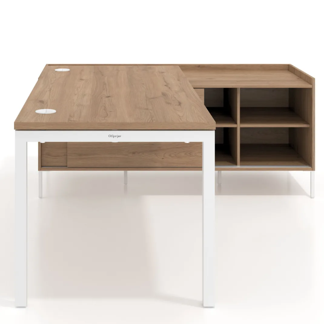 Mesa de oficina con pedestal estantes Kube fondo 80cm estructura blanca