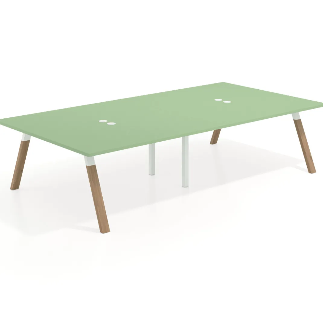 Mesa de oficina coworking doble UvePro fondo 166, cantos rectos, estructura blanca/madera