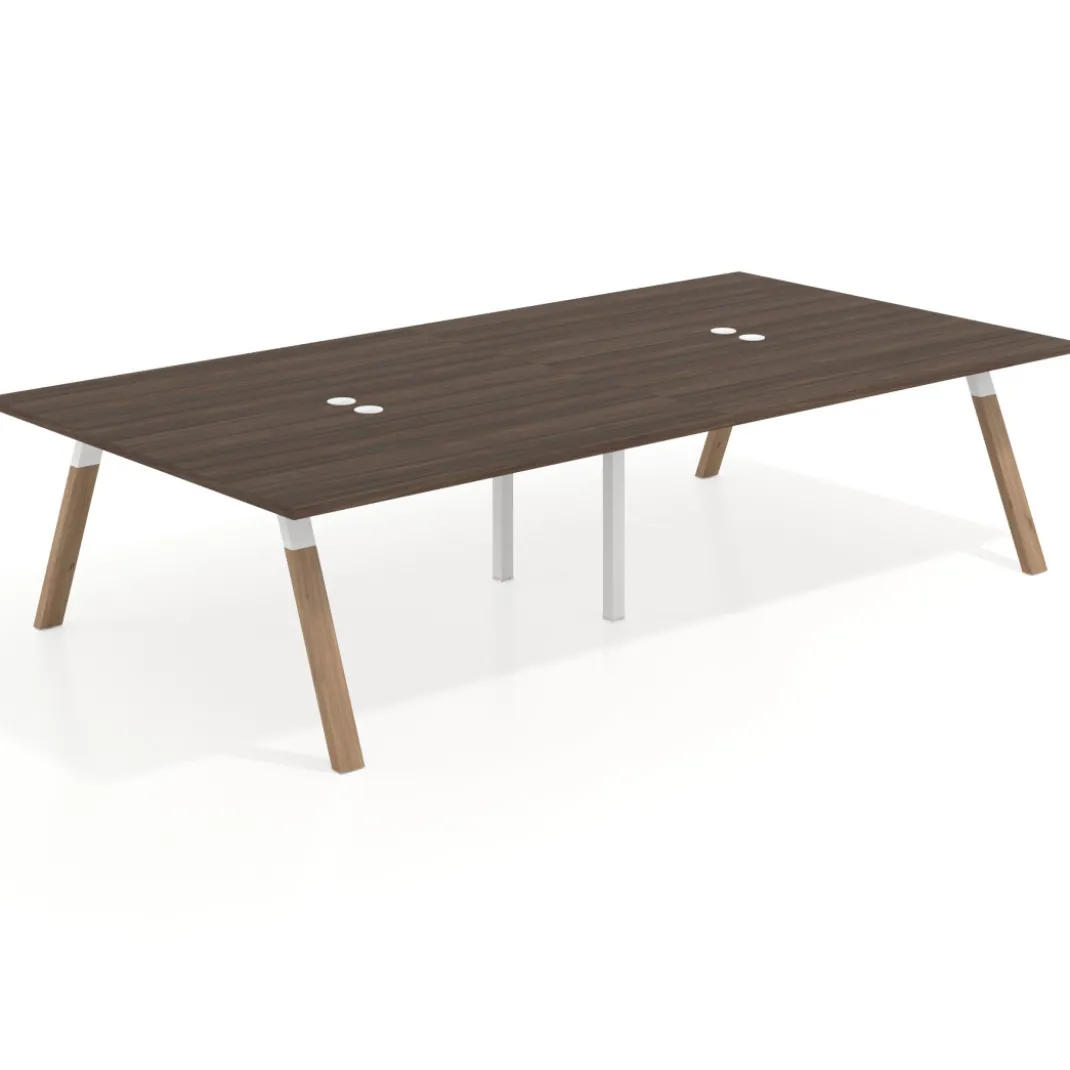 Mesa de oficina coworking doble UvePro fondo 166, cantos rectos, estructura blanca/madera