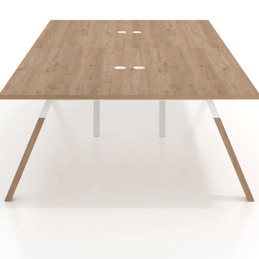 Mesa de oficina coworking doble UvePro fondo 166, cantos rectos, estructura blanca/madera