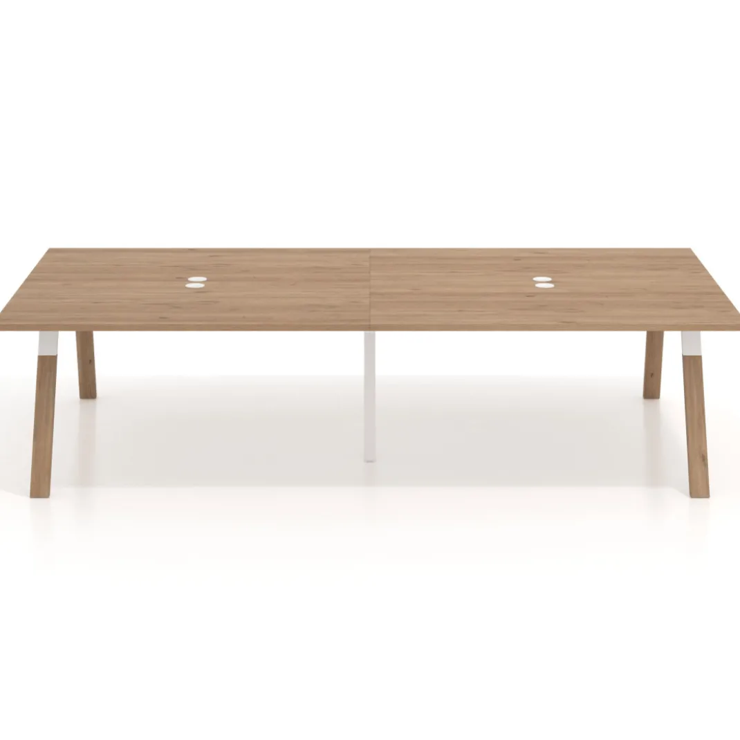 Mesa de oficina coworking doble UvePro fondo 166, cantos rectos, estructura blanca/madera