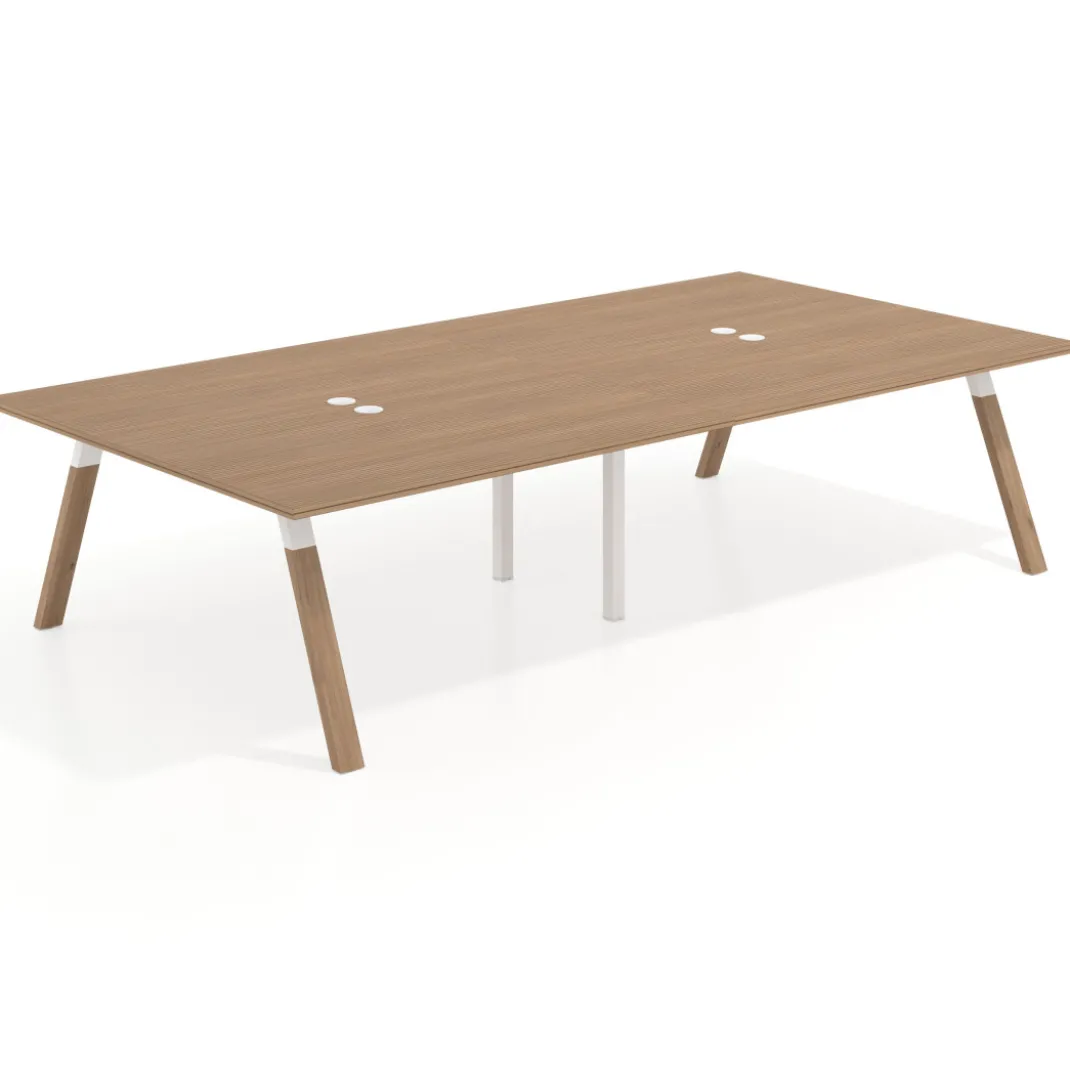 Mesa de oficina coworking doble UvePro fondo 166, cantos rectos, estructura blanca/madera