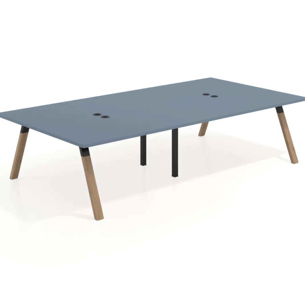 Mesa de oficina coworking doble UvePro fondo 166, cantos rectos, estructura negra/madera