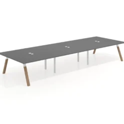 Mesa de oficina coworking triple UvePro fondo 166, cantos rectos, estructura blanca/madera