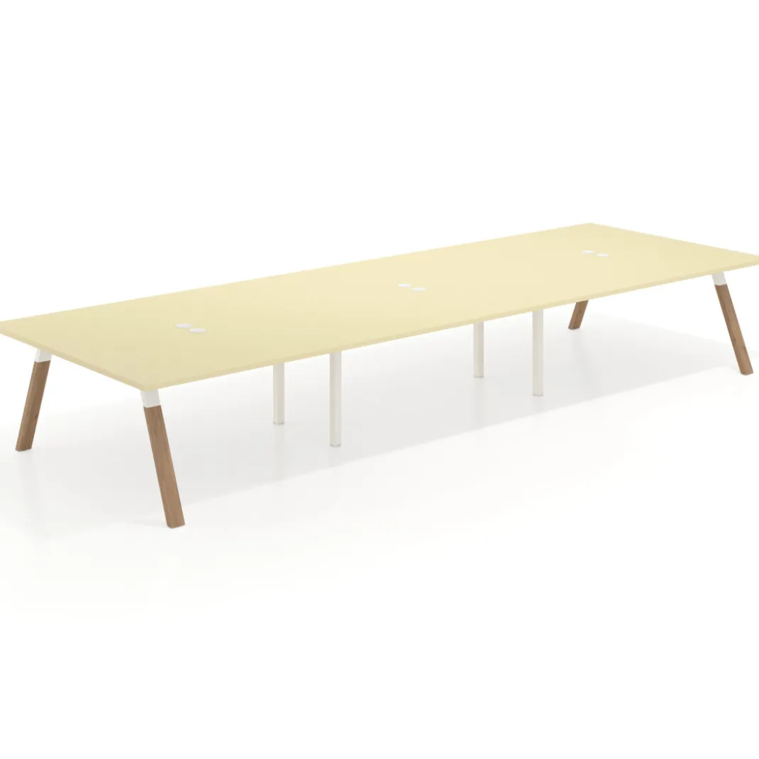 Mesa de oficina coworking triple UvePro fondo 166, cantos rectos, estructura blanca/madera