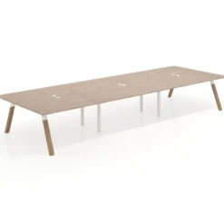 Mesa de oficina coworking triple UvePro fondo 166, cantos rectos, estructura blanca/madera
