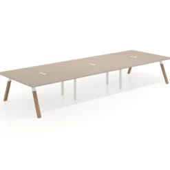 Mesa de oficina coworking triple UvePro fondo 166, cantos rectos, estructura blanca/madera