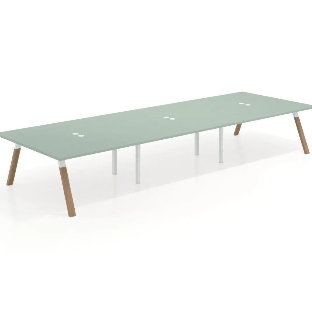 Mesa de oficina coworking triple UvePro fondo 166, cantos rectos, estructura blanca/madera