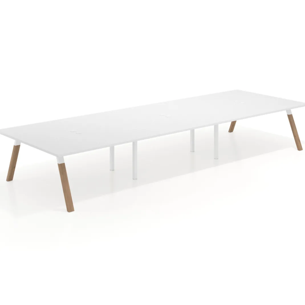 Mesa de oficina coworking triple UvePro fondo 166, cantos rectos, estructura blanca/madera