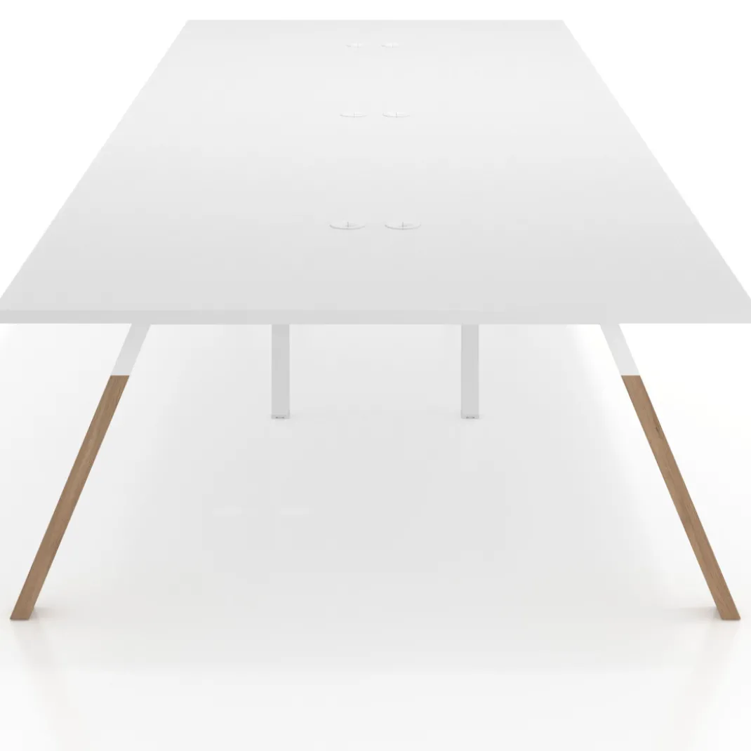 Mesa de oficina coworking triple UvePro fondo 166, cantos rectos, estructura blanca/madera