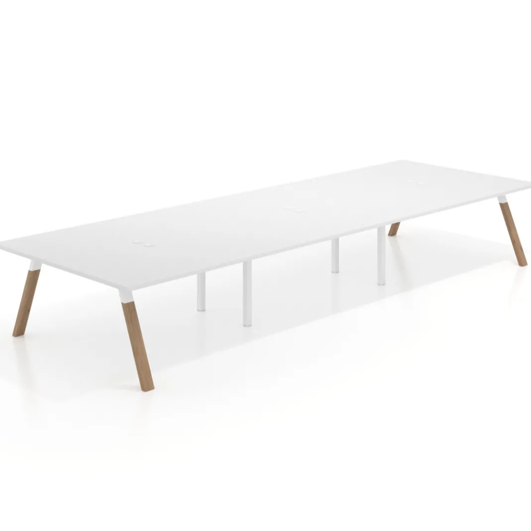 Mesa de oficina coworking triple UvePro fondo 166, cantos rectos, estructura blanca/madera