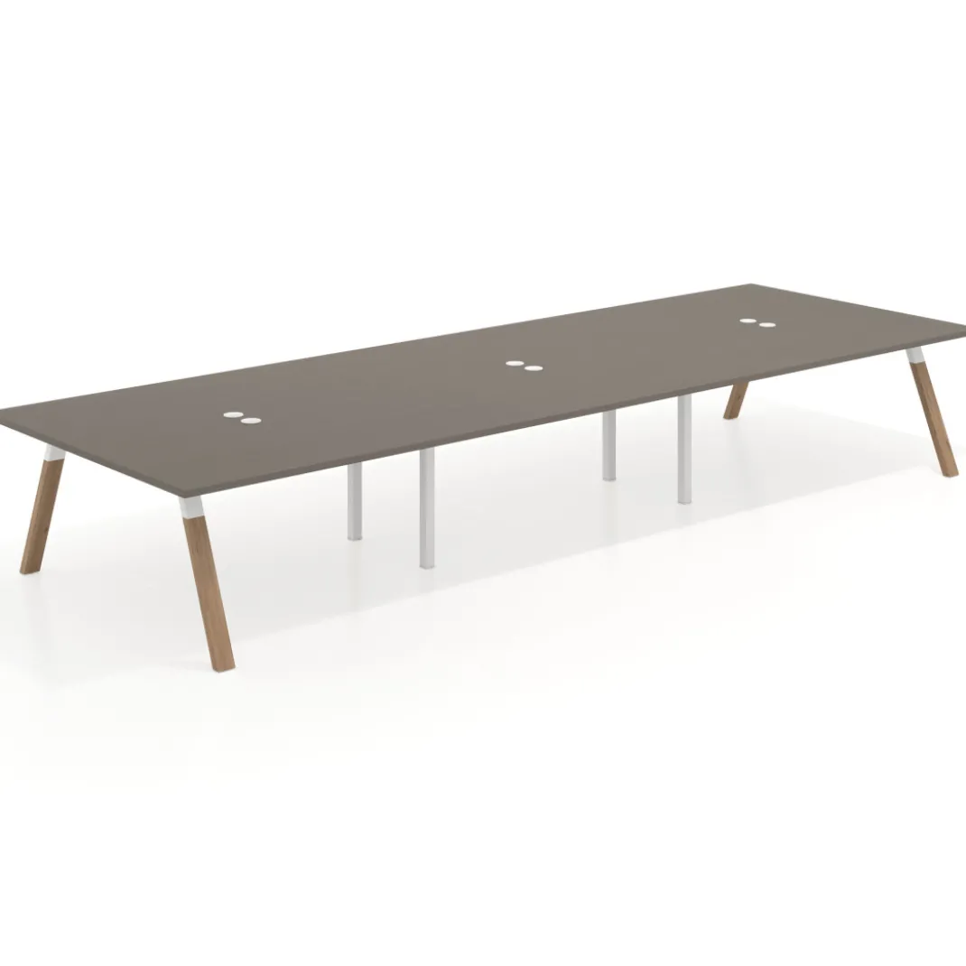 Mesa de oficina coworking triple UvePro fondo 166, cantos rectos, estructura blanca/madera