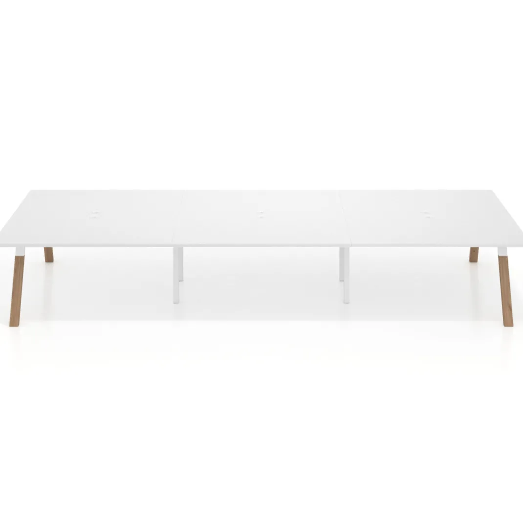 Mesa de oficina coworking triple UvePro fondo 166, cantos rectos, estructura blanca/madera